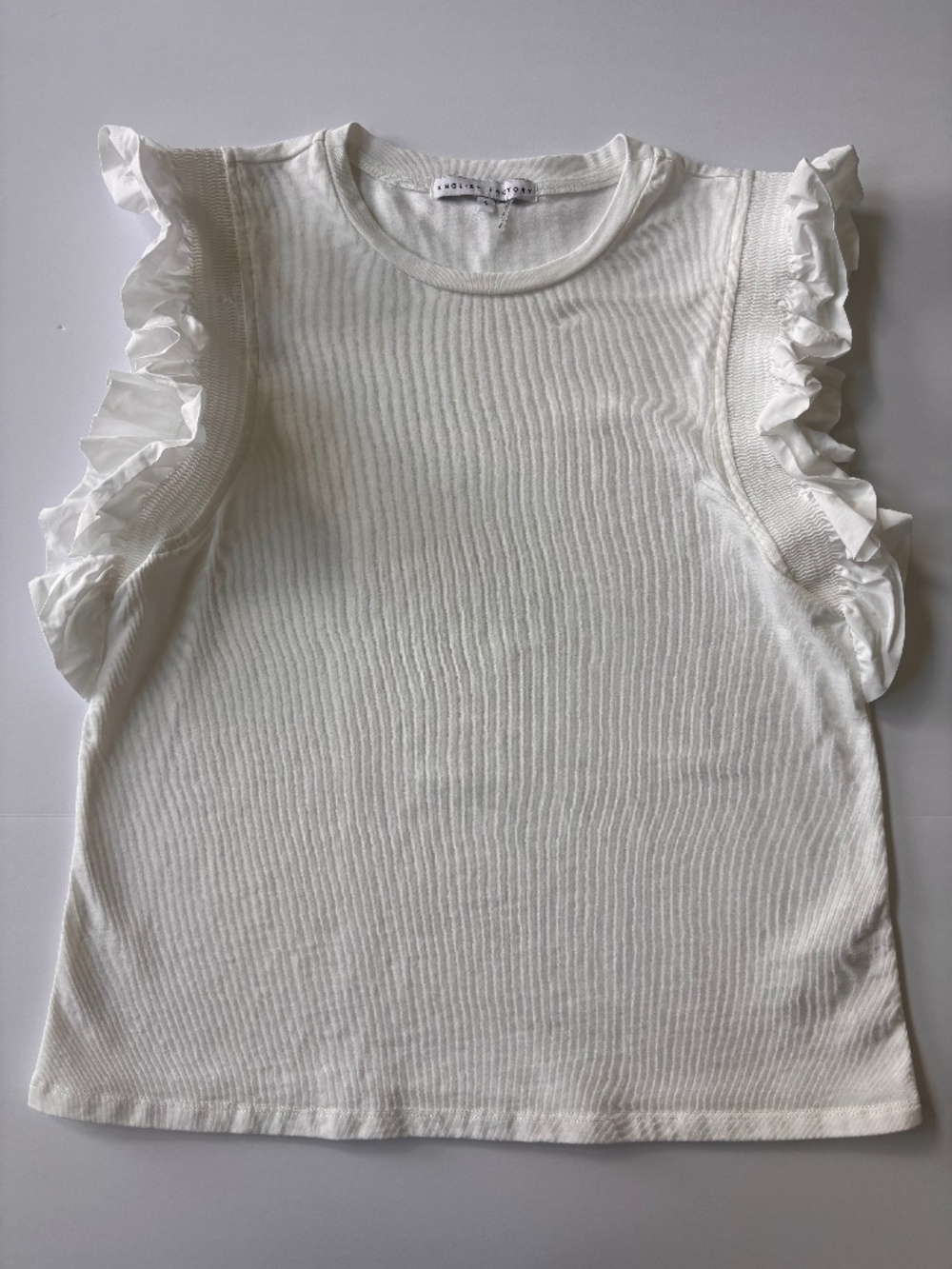 English Factory White Ruffle Sleeve Knit Top Small Flutter Sleeve Cotton Blouse